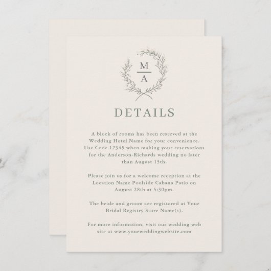 Carte D'accompagnement Détails de monogramme simples et élégants Deep Sag (Devant / Derrière)