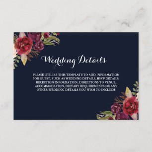 Carte D'accompagnement Détails de réception de mariage floral marine Bour