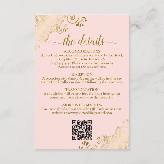 Carte D'accompagnement Détails du code QR du Mariage élégant Blush Pink & (Devant)