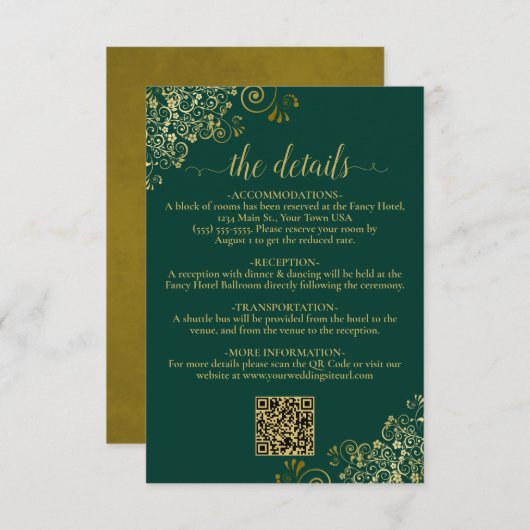 Carte D'accompagnement Détails du code QR Emerald & Gold Mariage (Devant / Derrière)