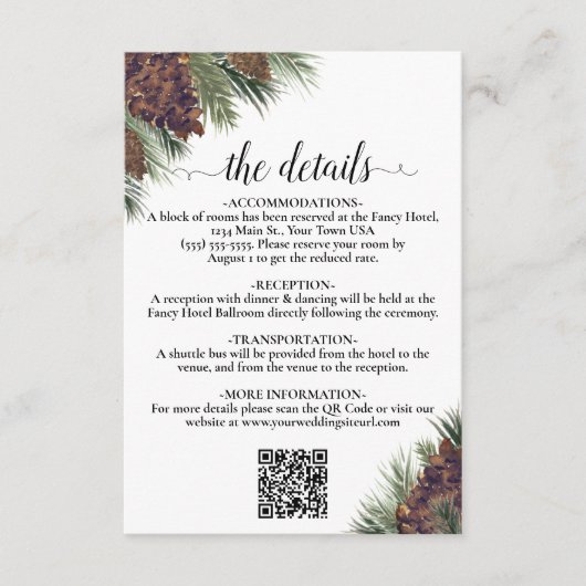 Carte D'accompagnement Détails du code QR Mariage Rustique Pinecones (Devant)