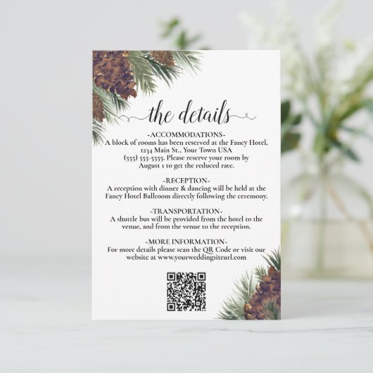 Carte D'accompagnement Détails du code QR Mariage Rustique Pinecones (Debout devant)