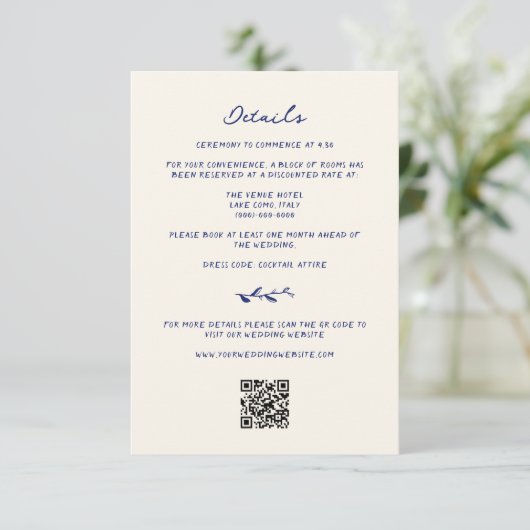 Carte D'accompagnement Détails du Mariage à main bleue QR Code (Debout devant)