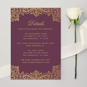 Carte D'accompagnement Détails du mariage Antique Plum Faux Or Vintage