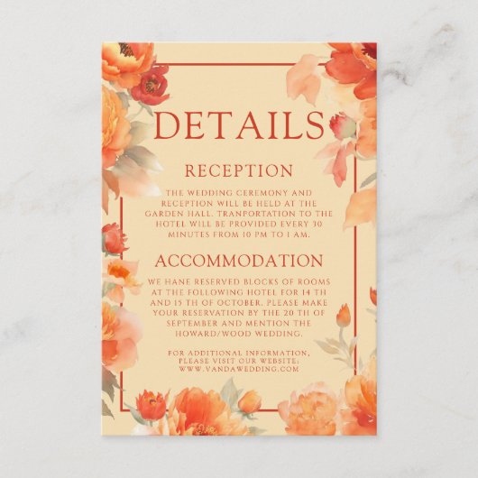 Carte D'accompagnement Détails du mariage Automne Brûlé Orange Floral (Devant)