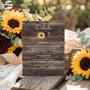 Carte D'accompagnement Détails du mariage avec tournesols rustiques et ro