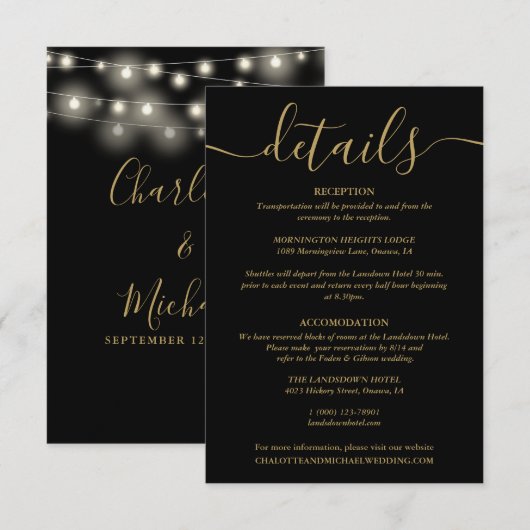 Carte D'accompagnement Détails du Mariage Black And Gold (Devant / Derrière)