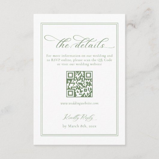 Carte D'accompagnement Détails du Mariage blanc et vert Code Qr (Devant)