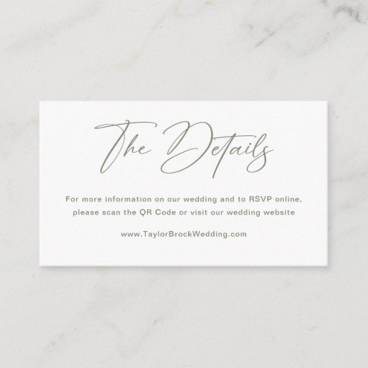 Carte D'accompagnement Détails du Mariage blanc et vert sage Code Qr (Devant)