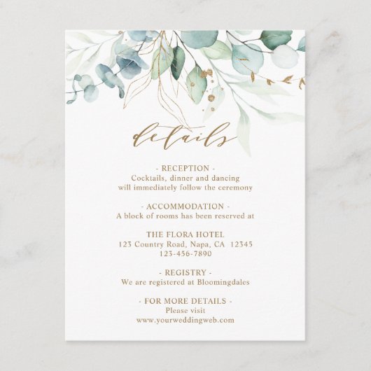 Carte D'accompagnement Détails du Mariage botanique Gold et Green (Devant)