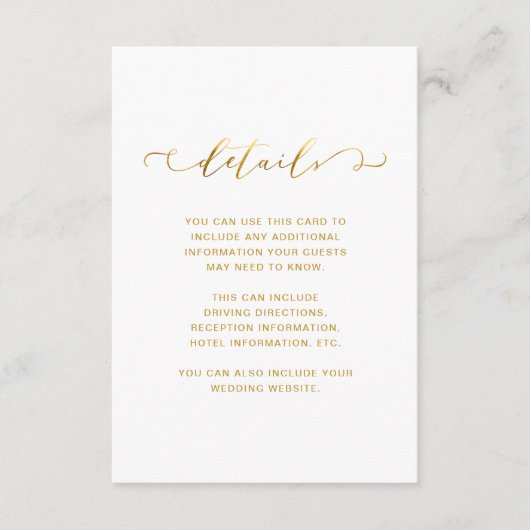 Carte D'accompagnement Détails du Mariage Chic Faux Gold et White (Devant)