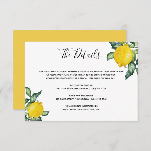 Carte D'accompagnement Détails du mariage citron (Devant / Derrière)