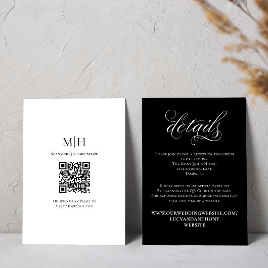 Carte D'accompagnement Détails du mariage Code QR Script noir et blanc
