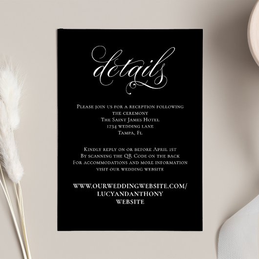 Carte D'accompagnement Détails du mariage Code QR Script noir et blanc