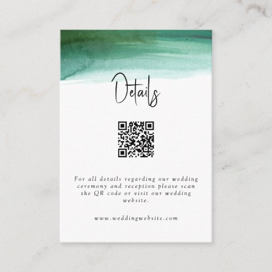 Carte D'accompagnement Détails du Mariage d'aquarelle Emerald moderne QR (Devant)