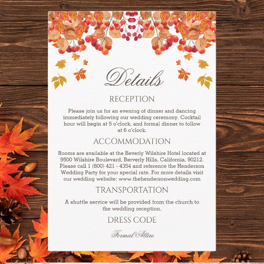 Carte D'accompagnement Détails du Mariage de automne Rustic Automne