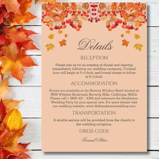 Carte D'accompagnement Détails du Mariage de automne Rustic Automne