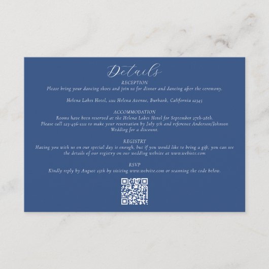 Carte D'accompagnement Détails du Mariage de code QR bleu (Devant)