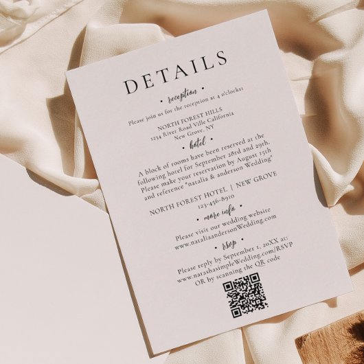 Carte D'accompagnement Détails du Mariage de code QR de script chic minim