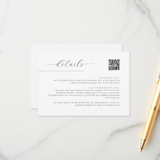 Carte D'accompagnement Détails du Mariage de code QR de script minimalist (Devant/Arrière en situation)