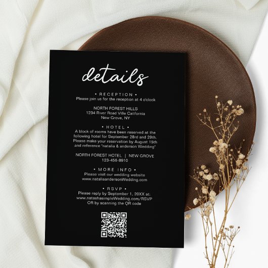 Carte D'accompagnement Détails du Mariage de code QR de script noir simpl