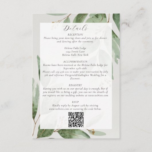Carte D'accompagnement Détails du Mariage de code QR Eucalyptus (Devant)