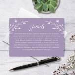 Carte D'accompagnement Détails du Mariage de Fleur sauvage Rustic Lavende<br><div class="desc">Cette jolie carte mariage rustique dispose d'un arrière - plan blanc classique avec des fleurs sauvages à main violet lavande et une typographie élégante. Utilisez ce modèle de carte pour les détails, les directions, les logements, etc. C'est le design parfait pour un mariage rustique mais élégant. Cette conception est coordonnée...</div>