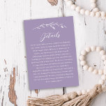 Carte D'accompagnement Détails du Mariage de Fleur sauvage Rustic Lavende<br><div class="desc">Cette belle carte rustique de boîtier mariage dispose d'un joli arrière - plan lavande violet avec des fleurs sauvages blancs dessinés à la main et une élégante typographie. Utilisez ce modèle de carte pour les détails, les directions, les logements, etc. C'est le design parfait pour un mariage rustique mais élégant....</div>