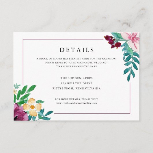 Carte D'accompagnement Détails du Mariage de fleurs d'aquarelle moderne (Devant)