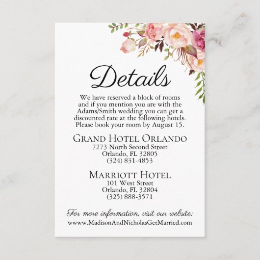 Carte D'accompagnement Détails du Mariage de fleurs rose rustique Inserti (Devant)