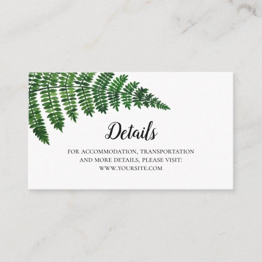 Carte D'accompagnement Détails du mariage de fougère verte. Infos mariage (Devant)