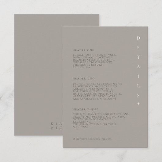 Carte D'accompagnement Détails du Mariage de neutre chic ID1020 (Devant / Derrière)