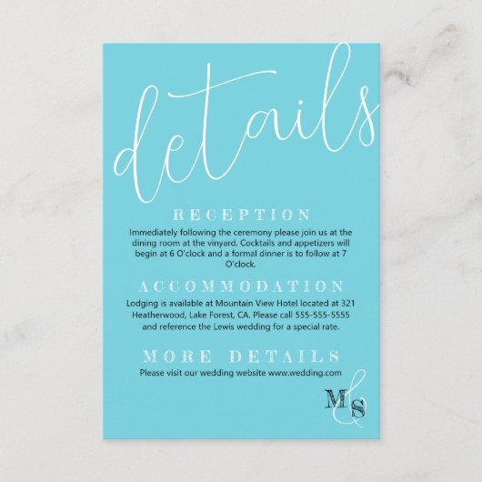 Carte D'accompagnement Détails du Mariage de script blanc turquoise (Devant)