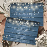 Carte D'accompagnement Détails du Mariage de script Blue Rustic<br><div class="desc">Un mariage rustique détaille la carte d'information de l'enceinte avec de jolis lampes à cordes et des panneaux de bois bleu arrière - plan. Personnalisez avec vos détails spéciaux définis dans la typographie stylisée et vos noms et date mariage au verso. Conçu par Thisisnotme©</div>