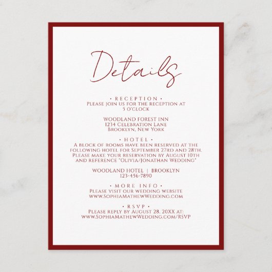 Carte D'accompagnement Détails du Mariage de script de bordure rouge de C (Devant)