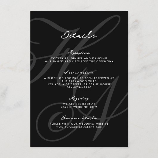 Carte D'accompagnement Détails du Mariage de script de monogramme élégant (Devant)