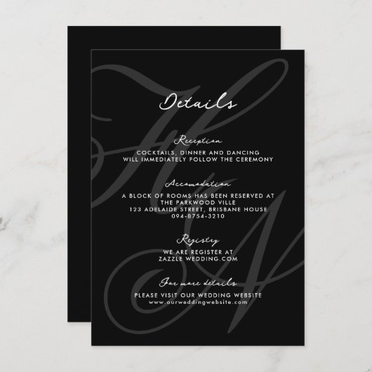 Carte D'accompagnement Détails du Mariage de script de monogramme élégant (Devant / Derrière)