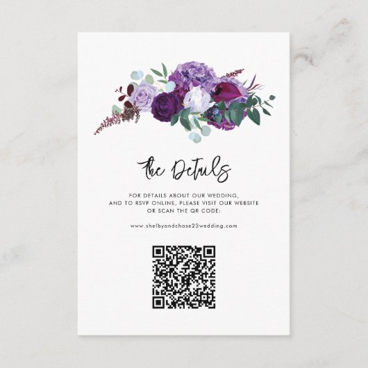 Carte D'accompagnement Détails du Mariage de script floral violet avec co (Devant)