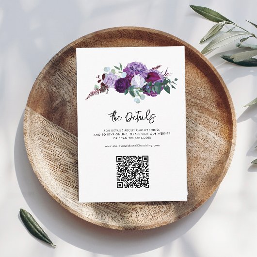 Carte D'accompagnement Détails du Mariage de script floral violet avec co