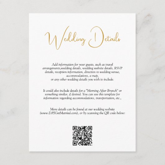 Carte D'accompagnement Détails du Mariage de script manuscrit QR Code Gol (Devant)