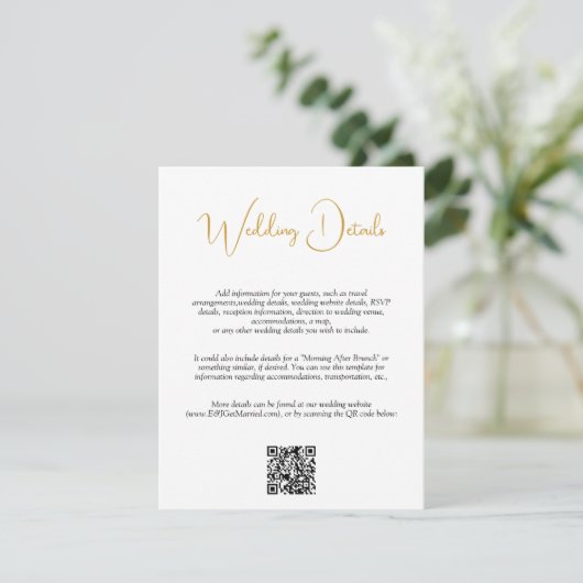 Carte D'accompagnement Détails du Mariage de script manuscrit QR Code Gol (Debout devant)
