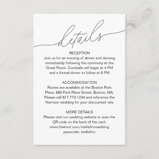 Carte D'accompagnement Détails du Mariage de script moderne élégant Code  (Devant)