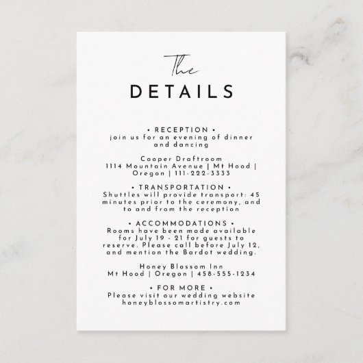 Carte D'accompagnement Détails du Mariage de script moderne simple blanc (Devant)