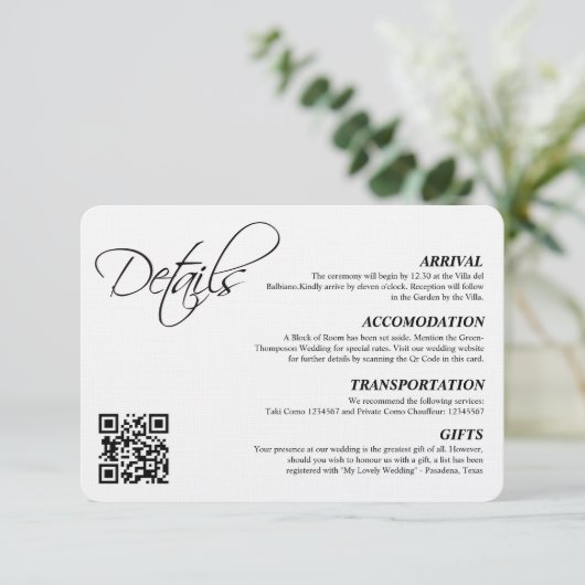 Carte D'accompagnement Détails du Mariage de script simple élégant Code Q (Debout devant)