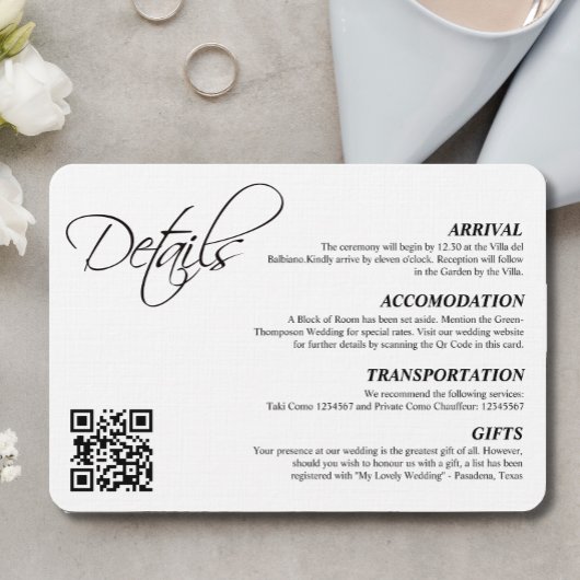 Carte D'accompagnement Détails du Mariage de script simple élégant Code Q