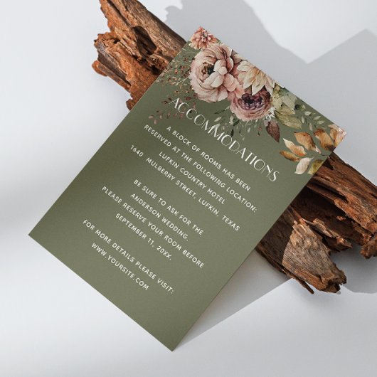 Carte D'accompagnement Détails du Mariage Earthy Olive Green. Floral Boho