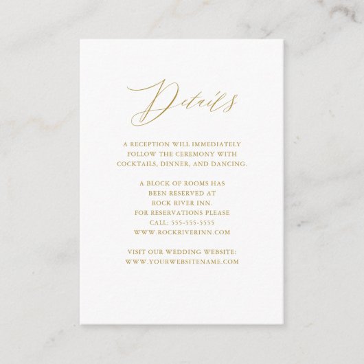 Carte D'accompagnement Détails du Mariage Elegant White Gold Script (Devant)