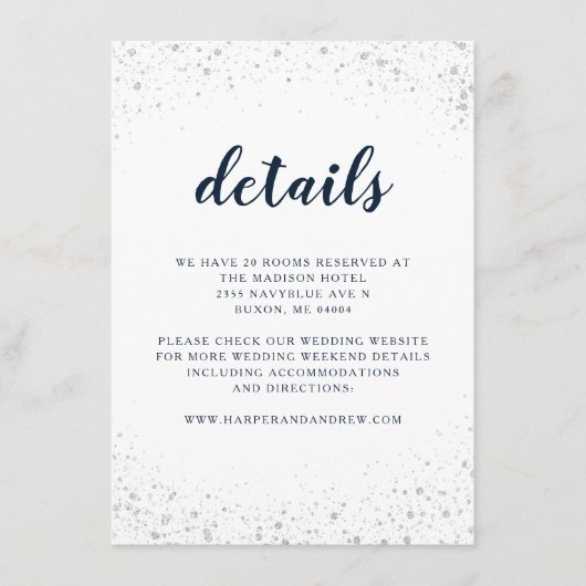 Carte D'accompagnement Détails du Mariage en argent bleu marine (Devant)
