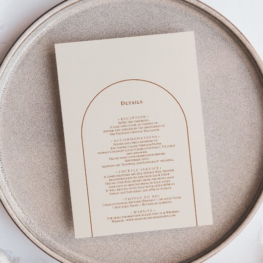 Carte D'accompagnement Détails du Mariage en ivoire Boho Arch