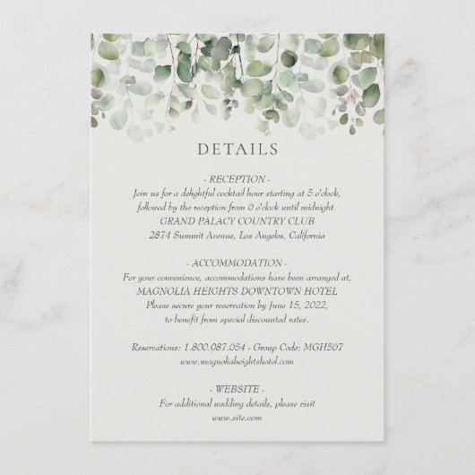 Carte D'accompagnement Détails du Mariage Eucalyptus Sage Green (Devant)